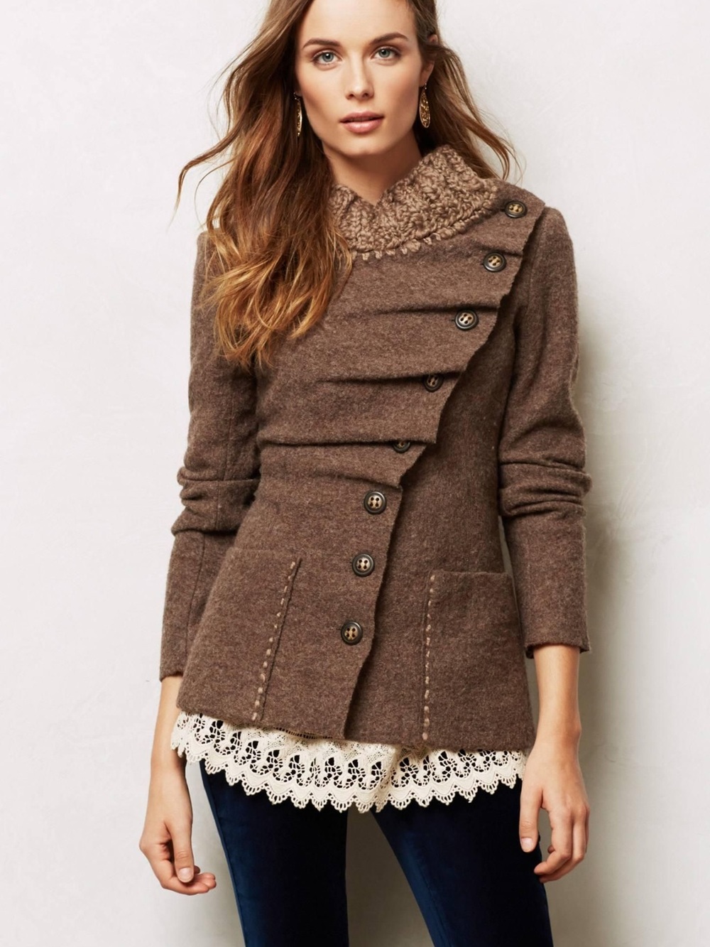 Anthropologie Gro Abrahamsson Boiled Wool Sweater Coat Brown M cottagecore y2k